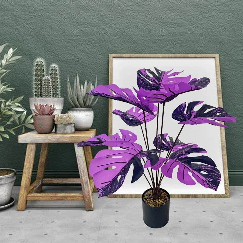60-80cm Artificial Monstera Plants Fake Tropical Palm Tree Plastic Purple Turtle Leafs For Home Garden Shop Party Decoration