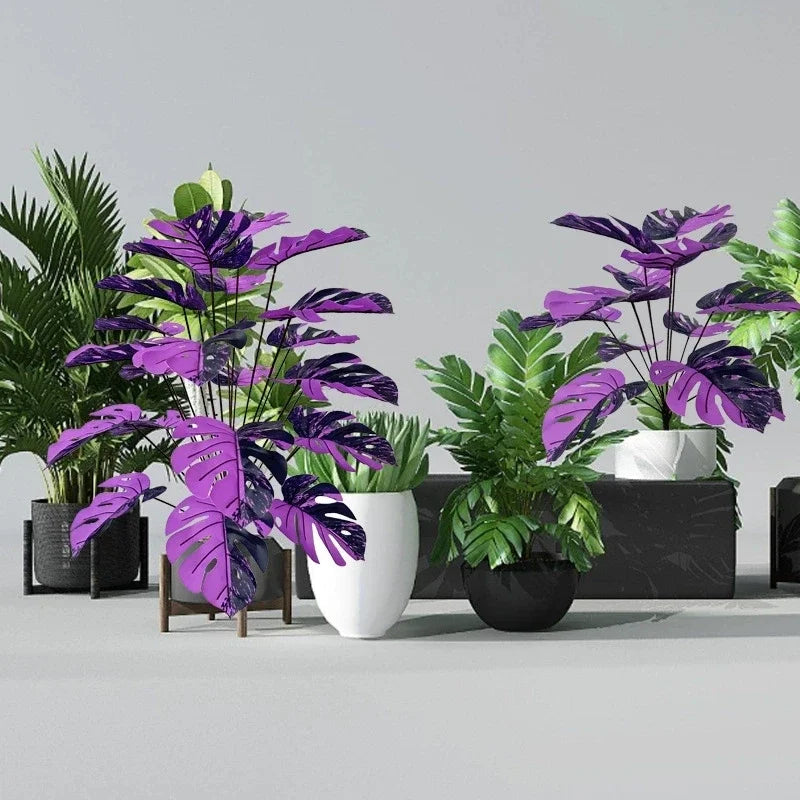 60-80cm Artificial Monstera Plants Fake Tropical Palm Tree Plastic Purple Turtle Leafs For Home Garden Shop Party Decoration