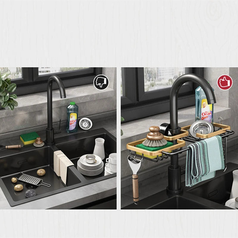 Kitchen Space Aluminum Sink Drain Rack Sponge Storage Faucet Holder Soap Drainer Shelf Basket Organizer Bathroom Accessories